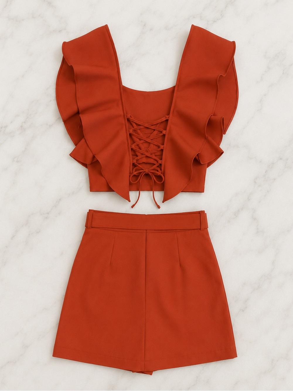 High-Waist Rust Women's Belted Skirt and Top matching set